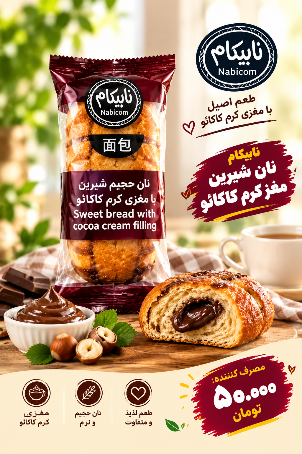 نان مغز دار نابیکام با مغز شکلات ۱۰۰ گرمی